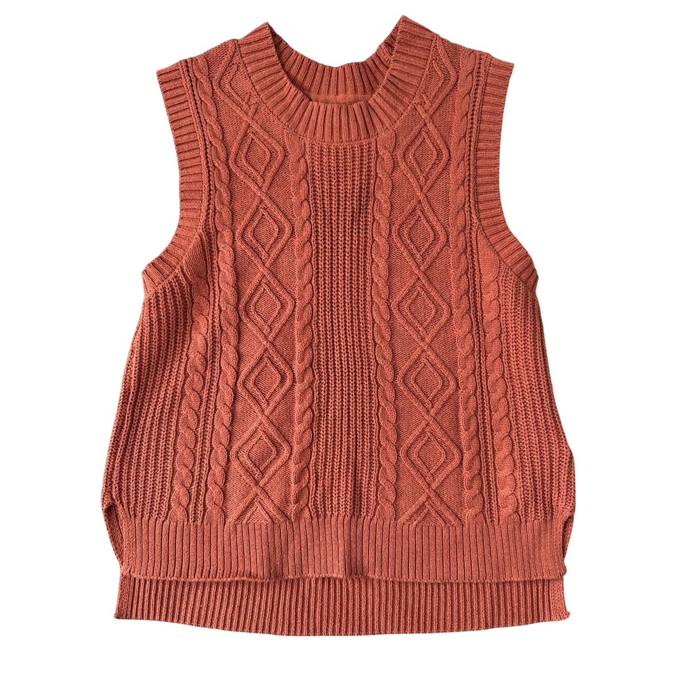 Joie Cable Knit Sweater Vest Rust Cotton Blend Chunky Knit Large